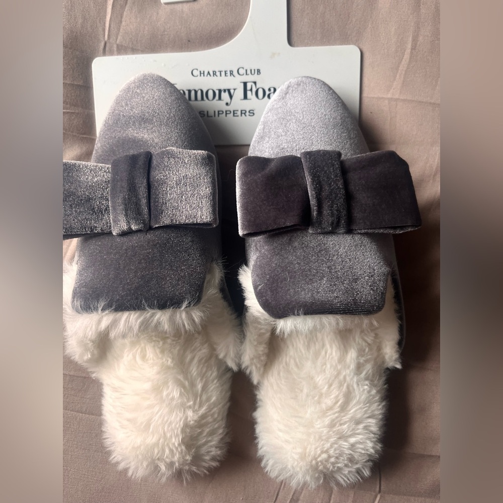 Charter Club Silver Velvet Slippers with Bow